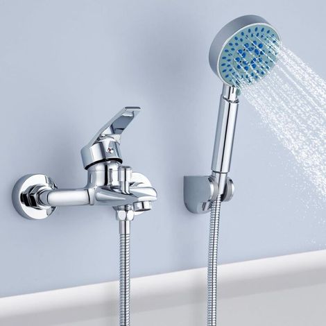 Bath Tap with 5-jet Hand Shower, Wall-mounted Shower Mixer with 1.5m Hose and Bracket, Single-lever Wall-mounted Brass Bathroom Fittings (1/5)