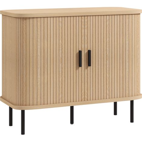 Buffet armoire rangement avec portes coulissantes lattes, meuble cuisine sur pieds acier, teinte chêne (1/5)