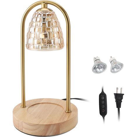 Ortviai Lampe chauffe-bougie électrique avec variateur, base en bois et abat-jour en verre, 2 ampoules GU10 incluses