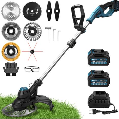 980W Débroussailleur Sans Fil Sans Balais 14800U/min Coupe‑bordure avec 2x Batteries Compatible Batterie Makita 21V Longueur Réglable 100‑140cm 7 Lames Largeur Coupe 300mm Entretien Jardin Pelouse Cou (1/5)