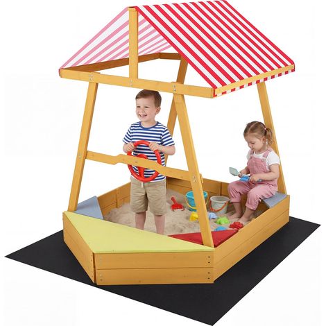 COSTWAY Bac à Sable Enfant Extérieur en Forme Bateau avec 4 Bancs Intégrés, Bac à Sable en Sapin avec Doublure et Auvent et Volant, Charge 50kg pour 18 Mois+, Jeux Extérieur Sensoriel pour Jardin (1/5)