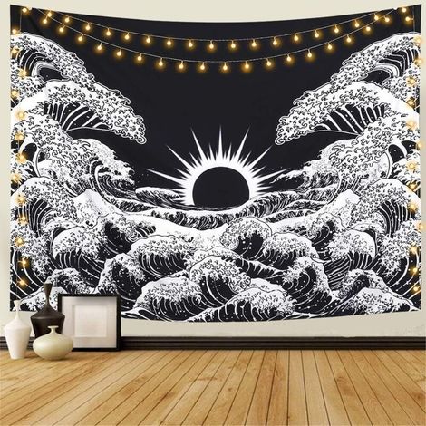 SABIR Tapisserie Murale Mandala Tapisserie Grande Vague avec Coucher de Soleil Tapisserie Noir et Blanc Océan Tapisserie Tenture Murale pour Salon Chambre  (Vague, M / 130x150cm) (1/5)