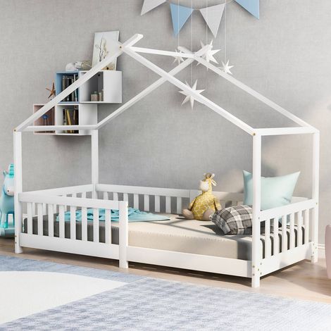 Lit cabane 90x200 cm en bois massif blanc avec barrières de sécurité et sommier, pour chambre enfant (1/5)