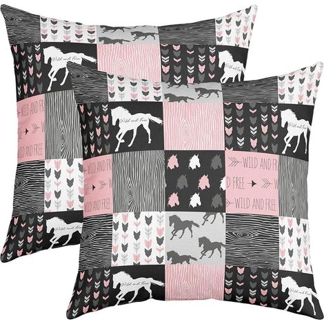 Lot de 2 Housses de Coussins 60x60 Licorne, Housse d'oreiller Cheval pour Canapé, Taie d'oreiller Cowboy Cowgirls, Housse d'oreiller Décorative Patchwork Buffalo Grille Flèche Rayures,Rose Noir (1/5)