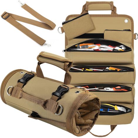 Borsa portautensili arrotolabile da 2 pezzi, borsa portautensili arrotolabile Oxford 900D, borsa portautensili multiuso con 11 scomparti, organizer per utensili per carpentieri, tuttofare, elettricist (1/5)