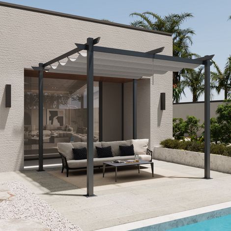 Pergola autoportée VELA en aluminium 5.81 m², gris anthracite, toile rétractable, 3 x 3m, pour les jardin et les cours (1/5)