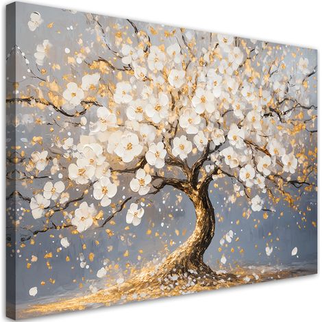 Tableau déco Arbre doré avec fleurs blanches 90x60 (1/5)