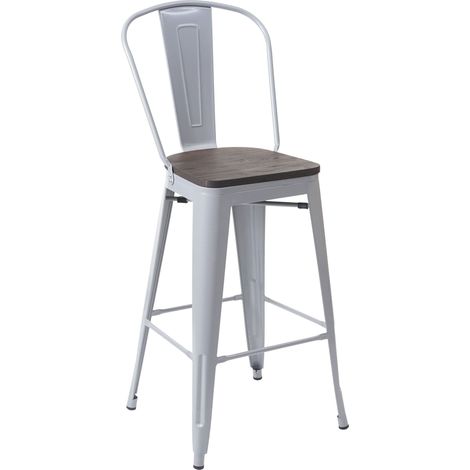 [NEUWERTIG] Barhocker HHG-896 inkl. Holz-Sitzfläche, Barstuhl Tresenhocker mit Lehne, Metall Industriedesign grau