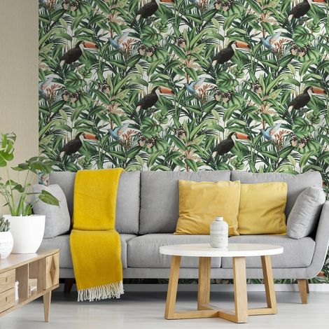 Papier peint tropical vert moderne | Tapisserie exotique salon tendance | Papier peint jungle oiseaux idéal salon & chambre ado (1/3)