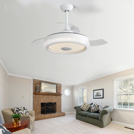 Ventilador de techo inteligente con LED, 106 cm, altavoz Bluetooth y control por app, funcionamiento silencioso, 3 aspas, 32 W RGB, blanco (1/5)