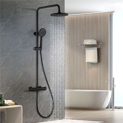 Duschsystem mit thermostat Schwarz Dusche Armatur Duschset mit XXL Kopfbrause, 3 Strahlarten Handbrause, Regendusche Höhenverstellbar Duschsäule Schwarz mit Anti-Verbrühungs-Duschsystem