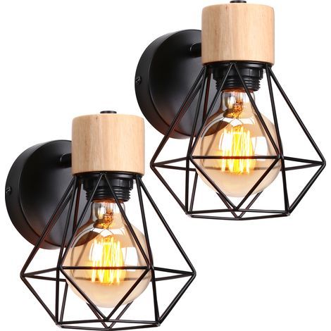 Axhup – Applique murale vintage industrielle E27 ajustable en métal et bois noir – Abat-jour Ø16x20cm – Pour espaces modernes – Lot de 2