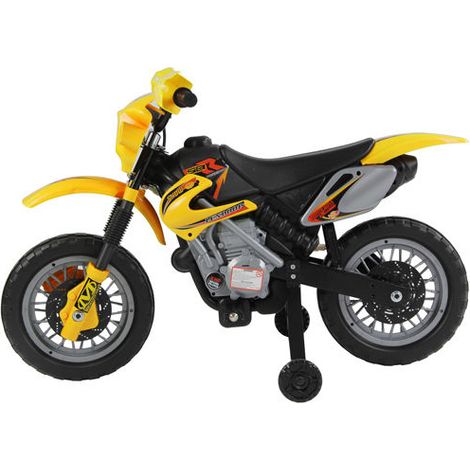 Moto Électrique Enfant 3 ans+ Cross avec Roulettes, Batterie 6V 2,5km/h, 102 x 53 x 66cm Jaune