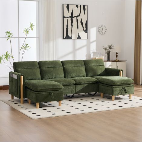 Canapé modulable 4 places en U avec 2 poufs de rangement, chenille verte, 261 cm, OKWISH (1/5)