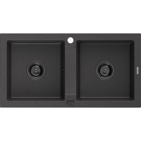 Mexen Mario évier en granit à 2 cuves 820 x 436 mm, Noir moucheté, siphon Noir - 6504822000-76-B (1/5)
