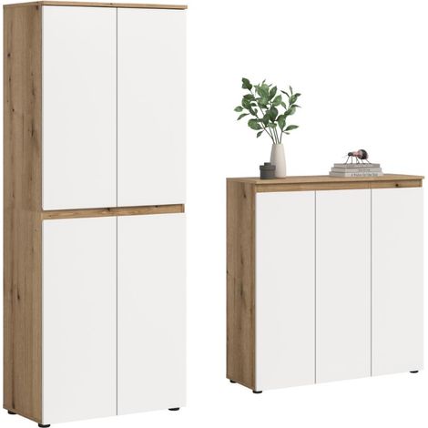 Scarpa Schlafzimmer-Set Kleiderschrank und Sideboard, 7 Türen Eiche Dekor, weiß.