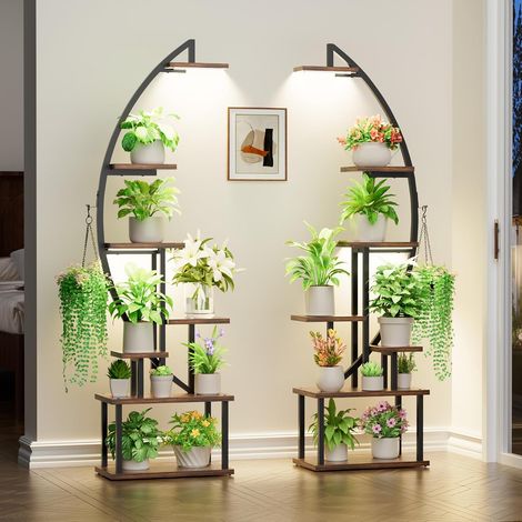 Support Plantes Intérieur avec Lampe de Croissance, Étagère Plante 7 Niveaux et 14 Tablettes, Porte Plante Métal et Bois pour Salon, Balcon, Entrée, Fenêtre, Lot de 2 (1/5)