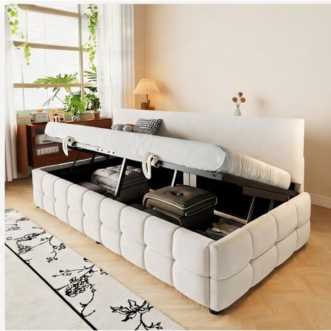 Cadre de lit beige en upholstered 202 x 96 x 78 cm (1/5)