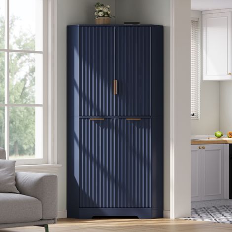 MODFU – Meuble angle 60x60x172 cm – 4 portes – Étagères réglables – MDF – Gain de place – Anti-basculement – Bleu (1/5)