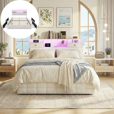Lit Adulte 160x200 cm avec 4 Tiroirs de Rangement, Cadre de Lit Double en Velours, Tête de Lit avec Éclairage LED RGB, 2 Tiroirs et Ports USB/Type-C - Beige (1/5)