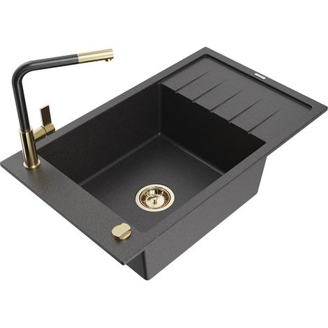 Mexen Elias fregadero de granito de 1 compartimento con escurridor y grifo de cocina Flora, negro moteado - 6511-76-670401-75-G (1/5)