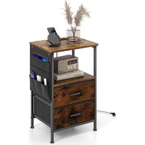 COSTWAY Tavolino con 2 Cassetti e 6 Tasche Laterali, Tavolino Versatile con Porte USB e Prese AC, Tavolino da Salotto e Camera da Letto, Marrone (38 x 30 x 60 cm, 1) (1/5)