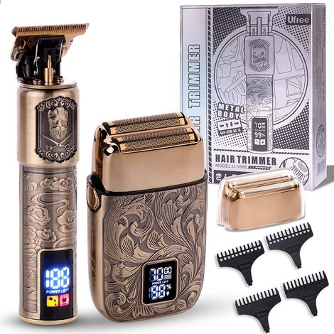 Kit tondeuse professionnelle T-Blade + rasoir double foil pour homme, coupe cheveux et barbe sans fil, tondeuse de barbier électrique avec 4 sabots, tailleuse de précision (1/5)