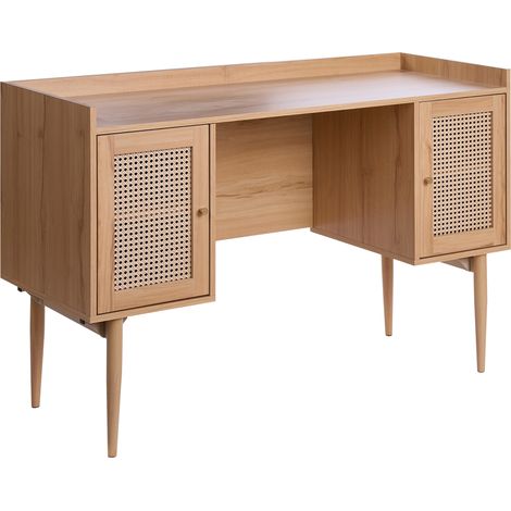 Escritorio moderno para oficina en casa estudio 2 puertas MDF patas de metal frentes de ratán sintético marrón claro Ratana (1/5)