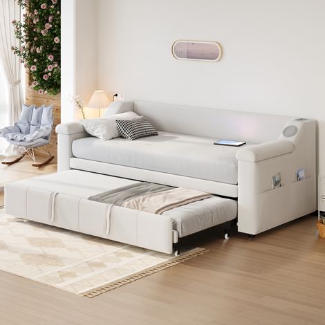 Canapé-lit capitonné 90x190 cm, convertible lit 180 cm, velours beige, accoudoirs larges, Bluetooth stéréo, USB, rangement, sommier lattes (1/4)