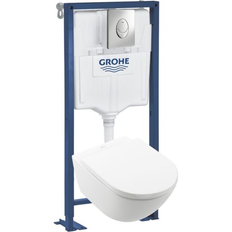 Pack inodoro suspendido sin borde VILLEROY & BOCH Subway 3.0 con asiento anticaída + estructura soporte GROHE + placa cromada