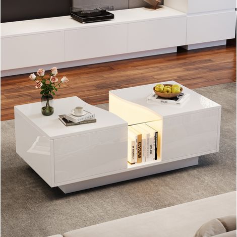 Mesa de centro LED 100 x 50 x 35 cm con 2 cajones, MDF y acrílico, blanco brillo DESVIAE (1/5)