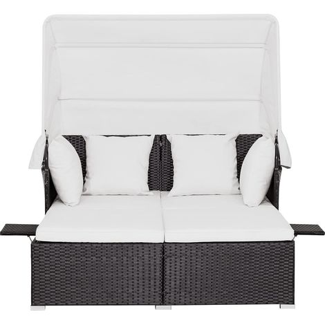 GOPLUS Lit de Jour en Rotin Extérieur avec Auvent Rétractable, Coussin et Oreiller Lavables, Plateaux Latéraux Pliables, Mobilier en Rotin pour Tous Les Temps, Ensemble de Canapé Extérieur (1/5)