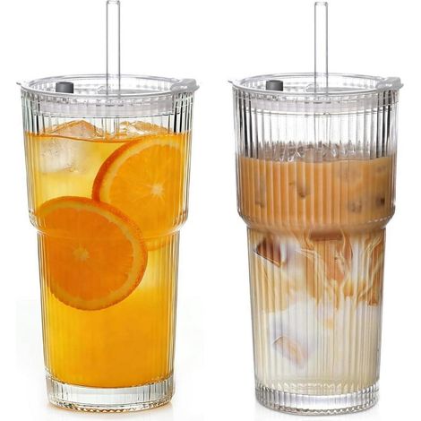 2er Set Glas Trinkbecher mit Deckel & Strohhalm, 400ml Mehrweg Becher auslaufsicher