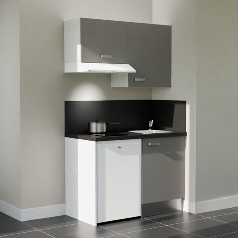 Kitchenette K01L-PT - 120 cm - plan stratifié, évier inox, - Façade Gris - Plan Noir texturé - Evier Inox - Crédences Oui + Electroménager inclus coloris Blanc (1/5)