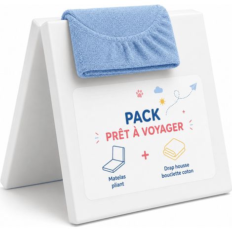 Pack Matelas Pliant 60x120 + Drap Housse Éponge Bleu - Idéal Voyage - Déhoussable et Sain (1/5)