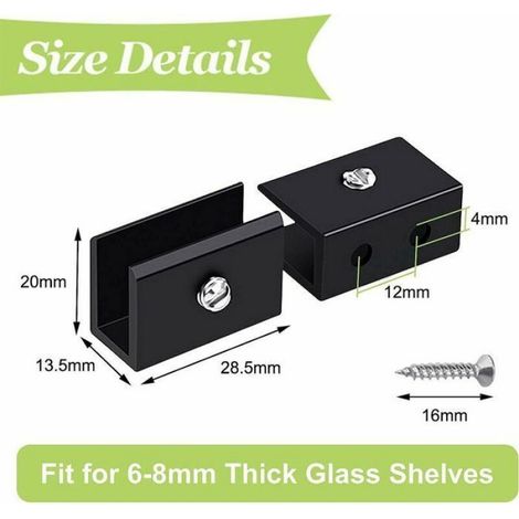 4 pièces Pince à verre, Support étagère mural en alliage aluminium noir, Réglable pour verre 6-8 mm, Usage intérieur (1/4)