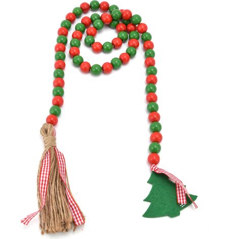 Guirlande de perles en bois, ornements en bois pour arbre de noël, pompon, décoration de Festival à domicile (rouge vert). (1/5)