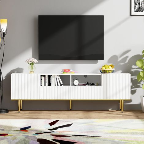 Meuble TV 165 cm blanc et doré, 2 tiroirs, rangements, façades texturées, pieds métal dorés, meuble bas moderne pour salon (1/5)