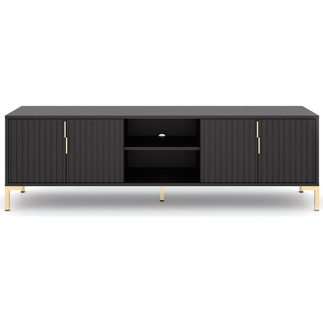 Meuble TV 4 portes 2 niches 165 cm noir et naturel - FLINA (1/5)
