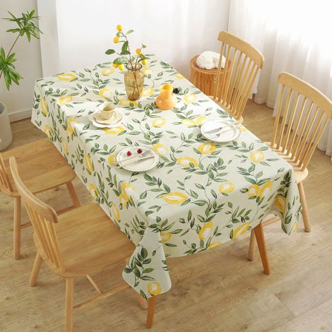 Nappe à imprimé citron (aspect lin) – 140 x 220 cm, design frais d'été, résistante aux taches, convient pour table à manger et table de jardin. (1/5)