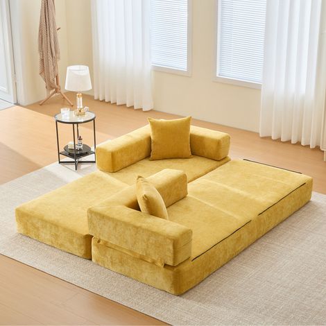 Canapé convertible 3 places modulaire en chenille,Canapé lit 2 places à compression,canapé 3 places convertible lit canapé pliant,poches de rangement latérales,fond antidérapant (Moutarde jaune)