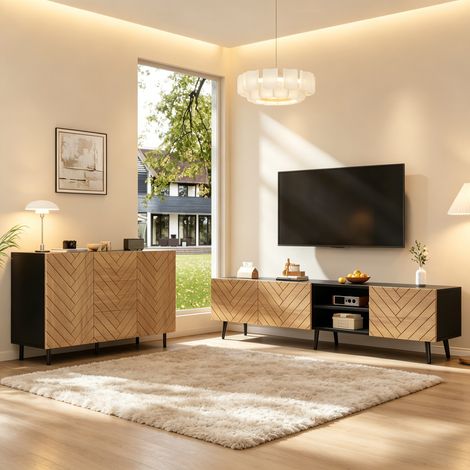 Ensemble meuble TV et buffet 180x33.5x45 + 120x40x76cm avec 3 tiroirs,2 placards et passe-câbles,Panneau de particules noir et Naturel (1/5)