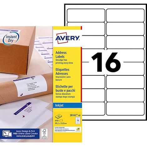 Etiquettes adresses jet d'encre 99,1 x 33,9 mm Avery J8162-40 - Pochette de 640 (1/4)