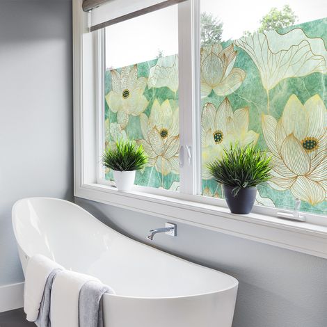 Film Fenêtre Anti Regard Occultant - FLEURS DE LOTUS EFFET DORÉ - Stickers pour Vitres & Porte de Douche - 40x100cm (1/4)