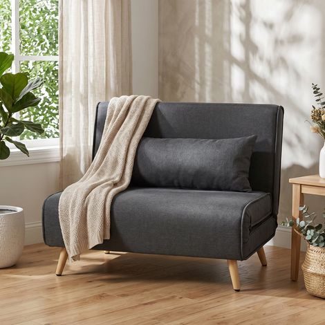 Canapé convertible 1 place gris, dossier ajustable, coussin fourni, pieds escamotables, charge 120 kg, lit d'appoint pratique (1/5)