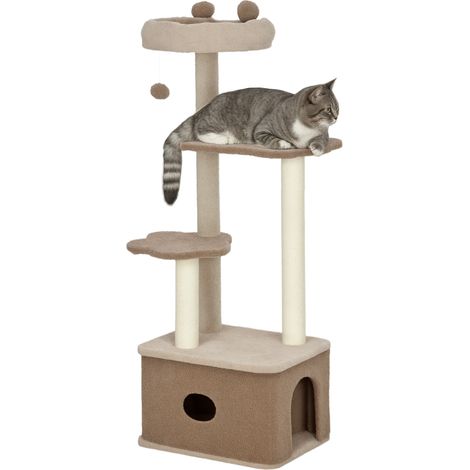 Arbre à chat à griffer, hauteur 133 cm, avec nid, plateformes, balle suspendue et poteau en jute, marron (1/5)