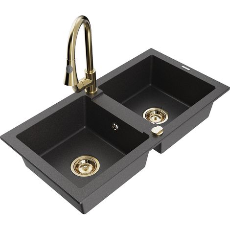 Mexen Mario 2-Becken-Granitspüle mit Mischbatterie Elia, Schwarz gesprenkelt - 6504-76-670101-50 (1/5)