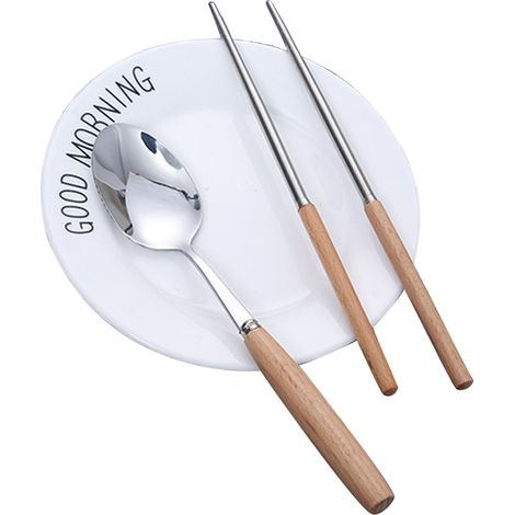 Ensemble Couverts Réutilisables - Acier Inoxydable Et Bois - Pour Pique-Nique Voyage Camping - 2 Pièces (1/2)