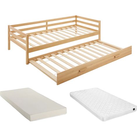 Lit gigogne – 2 x 90 x 190 cm – Pin massif et MDF – Coloris : Naturel + Matelas - AEDAN II (1/5)