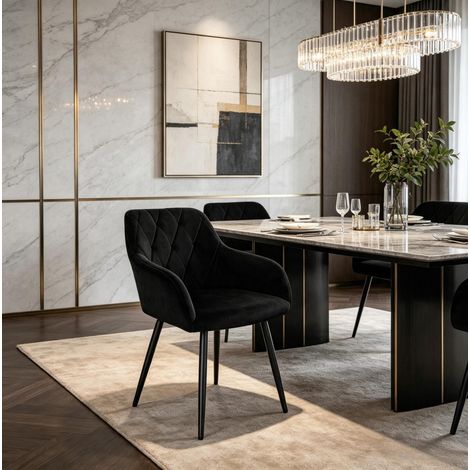 Sedia da pranzo capitonnè con braccioli, velluto nero HAVRYA (1/5)